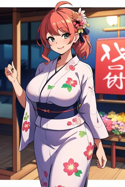 (masterpiece, best quality, high quality, highres, ultra-detailed), female, smiling, yukata, curvy, flower shop