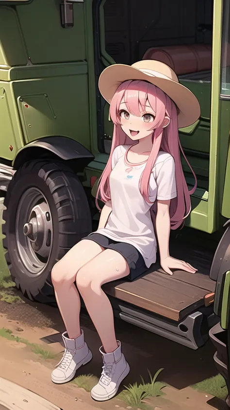 1 girl, tongue pulled out, pink hair, wet hair, sweeping long hair, brown eyes, farmers hat, sitting inside a tractor