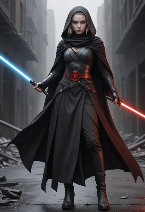 (medium full shot) of  (terrifying sith lord) young female, human, pale skin, blue eyes, shaved head,           wearing a ceremo...