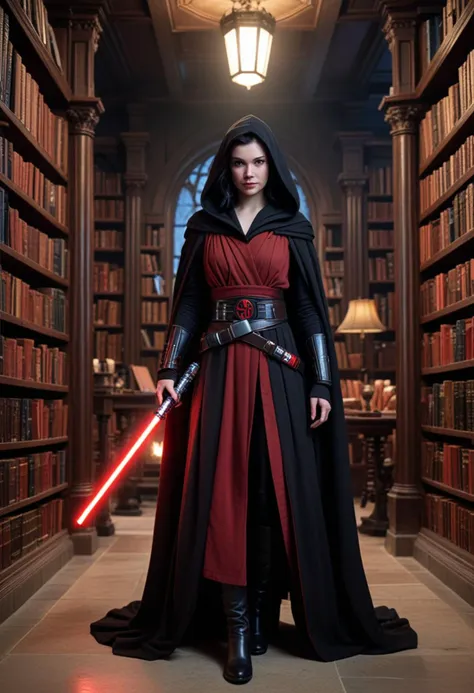 (medium full shot) of (dark sith lord) young female, human, fair skin, blue eyes, black hair,           wearing a layered sith r...