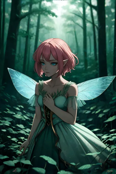 a girl with pink hair and a green dress is standing in the woods