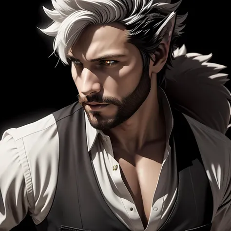 <lora:keaton:0.6> keaton, fire emblem, fates, man, (long hair), multicolor hair, white hairs on top, black hairs below, wolf ears, wolf tail, fluffy tail, wolfskin, red eyes, mischievous, fierce, muscular build, sleeveless black vest, black trousers, white...