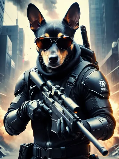 a close up of a dog wearing sunglasses and holding a gun