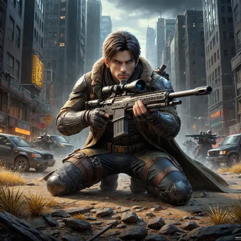 a man kneeling down with a rifle in a city