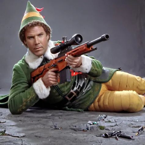 RAW photo, best quality, <lora:Will_Ferrell_-_Elf:1> will ferrell wearing Elf costume, laying on ground, shooting sniper rifle, simple background  <lora:XL_Weapon_Sniper_Rifle_-_By_HailoKnight:0.85>