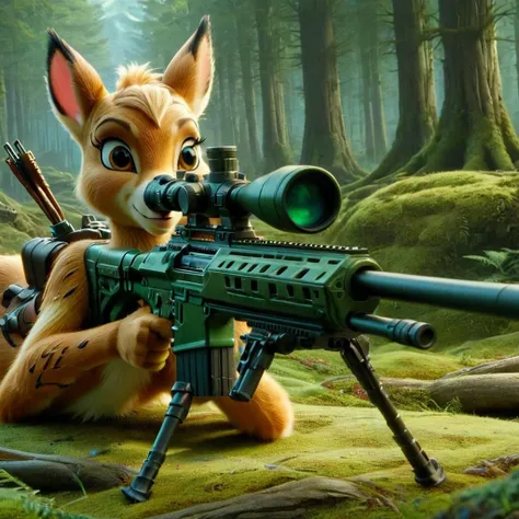 (masterpiece), (highly detailed), Disneys Bambi wielding a sniper rifle,  <lora:XL_Weapon_Sniper_Rifle_-_By_HailoKnight:0.8>