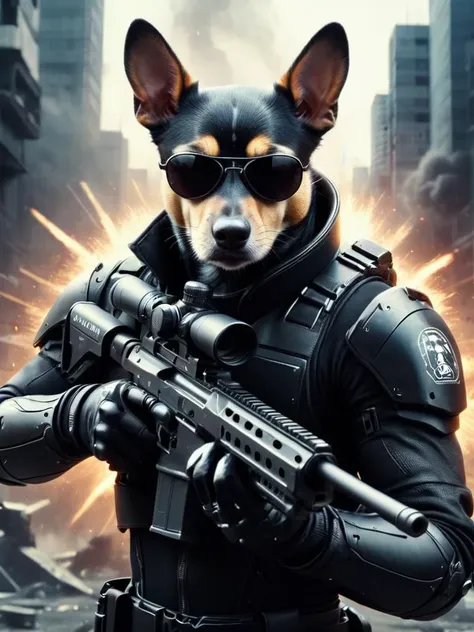 a close up of a dog wearing a gun and a helmet