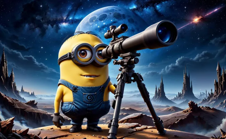 amazing quality, masterpiece, best quality, hyper detailed, ultra detailed, UHD, night,
standing  minion, telescope made of Sniper Rifle,
a minion is stargazing with an astronomical telescope, aiming to the sky, 
Milky Way, nebula, moon, star sky, fire sta...