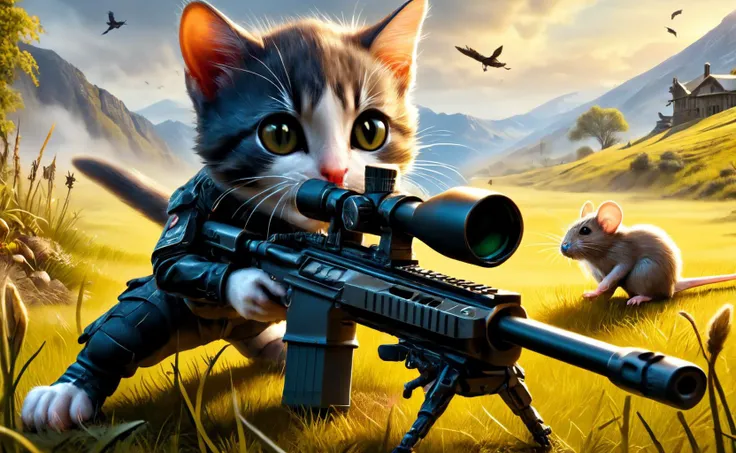 amazing quality, masterpiece, best quality, hyper detailed, ultra detailed, UHD, depth of field,
standing kitten, a rat raises its hands in surrender, back view of the rat, kitten aiming to the rat using Sniper Rifle, kitten laying down, grass land, view f...