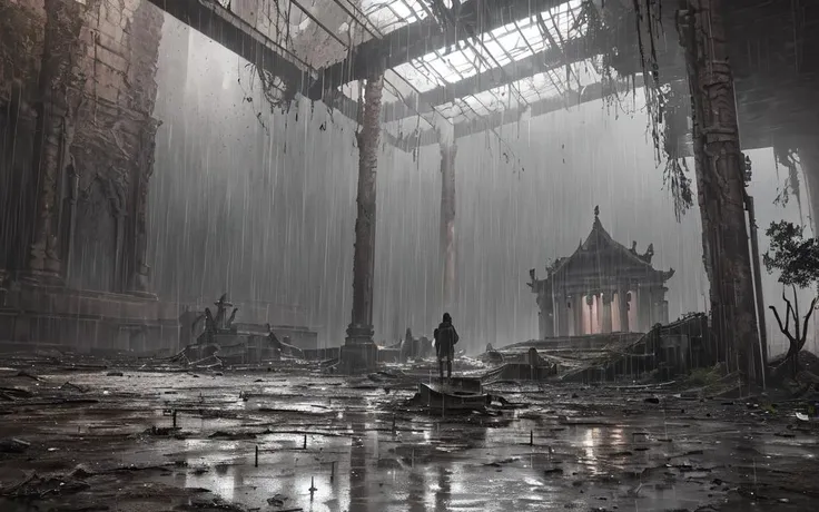 (best quality, masterpiece),( dark sky, heavy rain, inside abandoned temple, low water level stagnant water, ), realistic backgr...