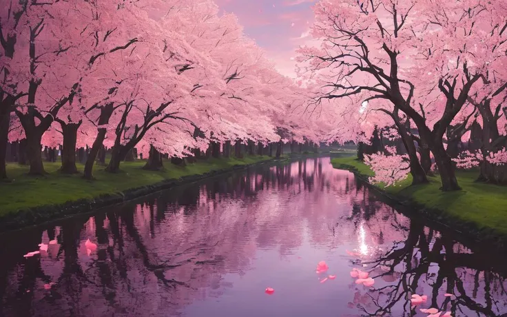 (best quality, masterpiece), (night strray sky, river behind, huge old trees behind, falling glowing pink petals behind, )