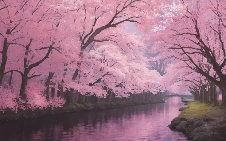 (best quality, masterpiece),   (night strray sky, river behind, huge old trees behind, falling glowing pink petals behind, )