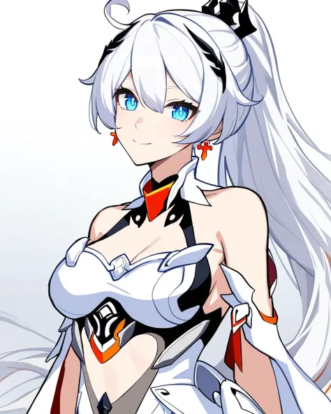 masterpiece,best quality,<lora:honkai_impact_all:1>,1girl,kiana kaslana,kiana kaslana (herrscher of flamescion),solo,smile,cleavage,armor,earrings,absurdres,bare shoulders,closed mouth,highres,honkai (series),honkai impact 3rd,looking at viewer,white backg...