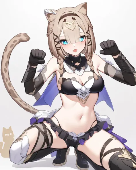 masterpiece,best quality,<lora:honkai_impact_all:1>1girl, cat girl, heterochromia, paw pose, light brown hair, braid, hair ornament, medium breasts, navel, boots, bra, shorts, absurdres, black gloves, blue eyes, cat ears, cat tail, elbow gloves, gem, highr...