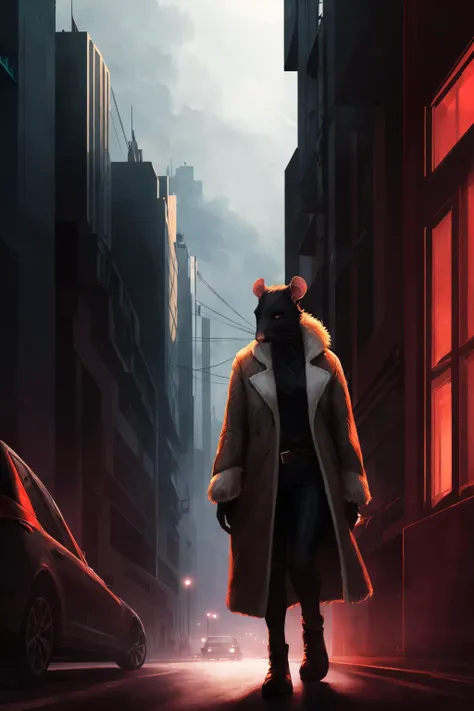 rat, anthro, female, fur coat, (best quality), (detailed urban background:1.2), dramatic lighting, (detailed fluffy fur:1.1), (fantasy:1.2)