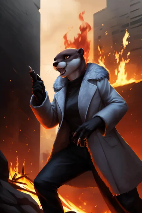 otter, detective,claws, attack, fangs, anthro, female, fur coat, (best quality), (detailed fire urban background:1.2), dramatic lighting, (detailed fluffy fur:1.1), (fantasy:1.2)