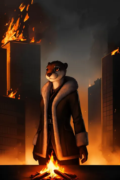 otter, detective, anthro, female, fur coat, (best quality), (detailed fire urban background:1.2), dramatic lighting, (detailed fluffy fur:1.1), (fantasy:1.2)