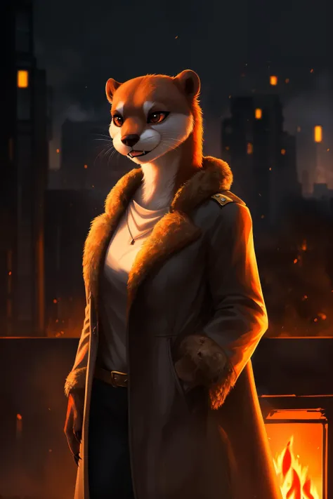 otter, detective,claws, fangs, anthro, female, fur coat, (best quality), (detailed fire urban background:1.2), dramatic lighting, (detailed fluffy fur:1.1), (fantasy:1.2)