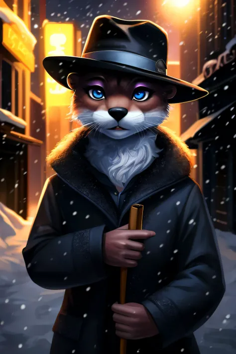 detective otter, detective hat, anthro, female, (best quality), (detailed dark urban background:1.2), dramatic lighting, (detailed fluffy fur:1.1), snowing, asian eyes, eyeshadow