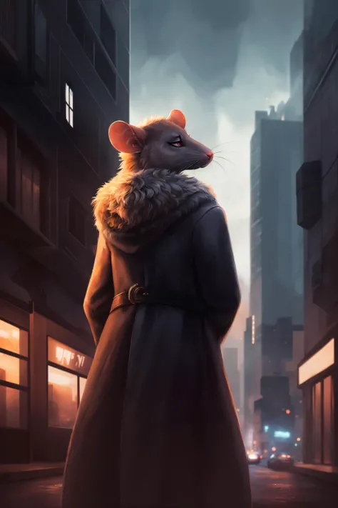 rat, anthro, female, fur coat, (best quality), (detailed urban background:1.2), dramatic lighting, (detailed fluffy fur:1.1), (fantasy:1.2)