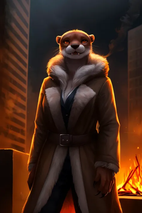 a cartoon image of a man in a fur coat standing in front of a fire