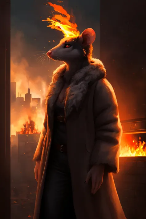 rat, anthro, female, fur coat, (best quality), (detailed fire urban background:1.2), dramatic lighting, (detailed fluffy fur:1.1), (fantasy:1.2)