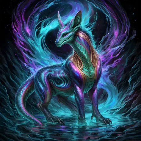 Alien, dog, fox, water-made ears, fire-made tail, intricate detailing, vibrant colors, unique patterns, textures, iridescent hues, deep blues, radiant purples, shimmering greens, fantastical creature, otherworldly beauty, extraterrestrial elements, familia...