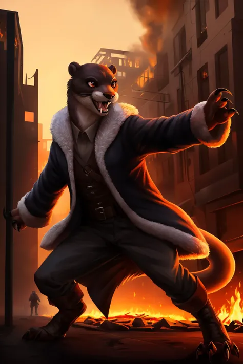 otter, detective,claws, attack, fangs, anthro, female, fur coat, (best quality), (detailed fire urban background:1.2), dramatic lighting, (detailed fluffy fur:1.1), (fantasy:1.2)