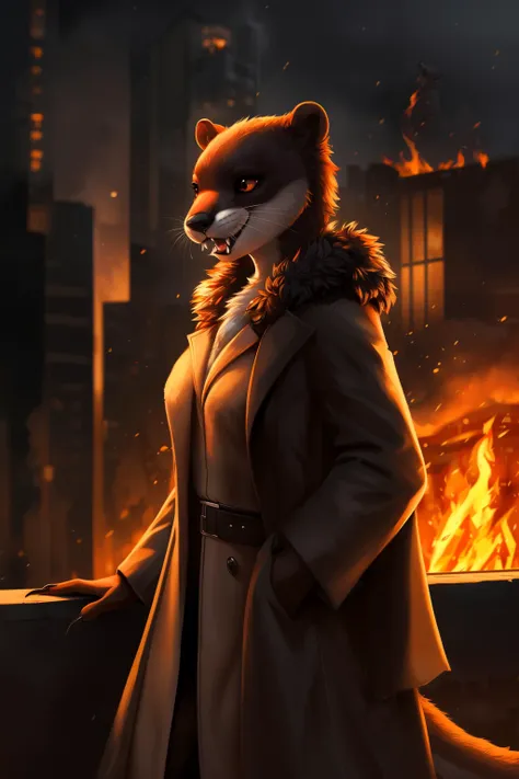 a woman in a coat and mask standing in front of a fire