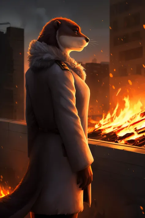 otter, detective, anthro, female, fur coat, (best quality), (detailed fire urban background:1.2), dramatic lighting, (detailed fluffy fur:1.1), (fantasy:1.2)