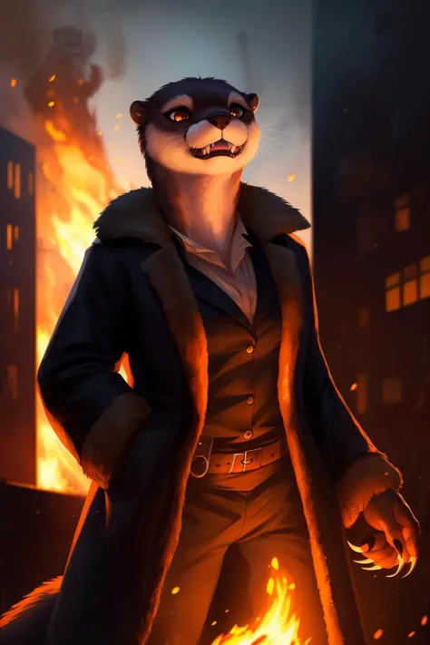 otter, detective,claws, lurk, fangs, anthro, female, fur coat, (best quality), (detailed fire urban background:1.2), dramatic lighting, (detailed fluffy fur:1.1), (fantasy:1.2)