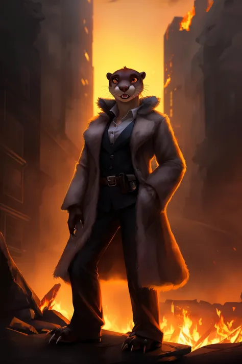 otter, detective,claws, lurk, fangs, anthro, female, fur coat, (best quality), (detailed fire urban background:1.2), dramatic lighting, (detailed fluffy fur:1.1), (fantasy:1.2)