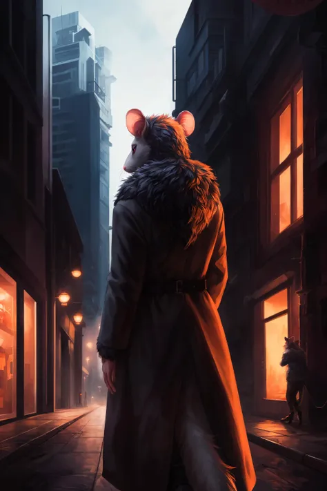 rat, anthro, female, fur coat, (best quality), (detailed urban background:1.2), dramatic lighting, (detailed fluffy fur:1.1), (fantasy:1.2)