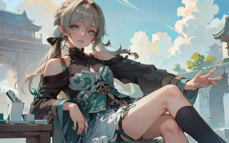 anime girl sitting on a bench with her legs crossed