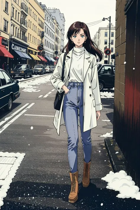 <lora:1980s_Anime_Style:0.85>, ((1980s_style)), 1girl, full body, brown long hair,  trench coat, turtleneck sweater, sunglasses, denim pants, boots, (outdoors, cityscape, buildings, streets, blue sky, clouds, snow), (cowboy shot),(masterpiece, high quality...