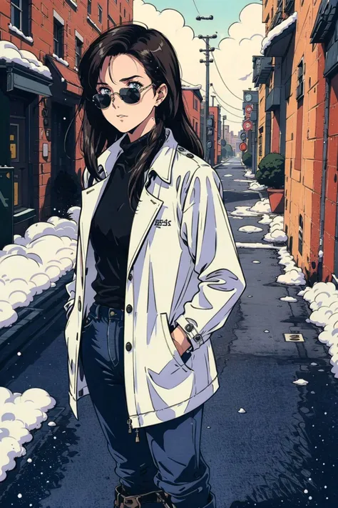 <lora:1980s_Anime_Style:0.9>, ((1980s_style)), 1girl, full body, brown long hair,  trench coat, turtleneck sweater, (sunglasses), denim pants, boots,(hands in pockets), (outdoors, cityscape, buildings, streets, blue sky, clouds, snow), (cowboy shot),(maste...