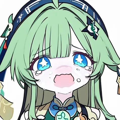 anime girl with green hair and blue eyes holding a bottle