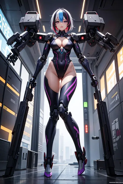 (masterpiece), best quality, high resolution, highly detailed, detailed background, perfect lighting, sci-fi, mecha, cyberpunk, 1girl, multicolor hair, streaked hair, purple eyes, leotard, cleavage, android, mechanical arms, robot joints, glowing tattoo,