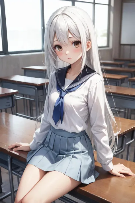 anime girl sitting on a desk in a classroom with a blue tie