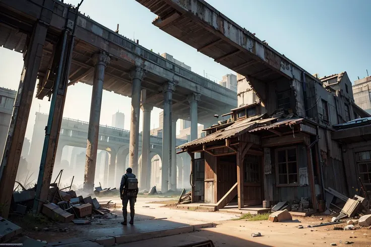 a man standing in front of a building with a lot of rubble