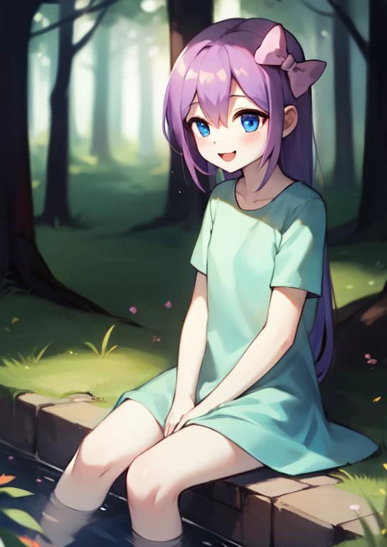 (masterpiece, best quality:1.2), extremely detailed, soft ambient lighting, sharp focus, 4K, colorful scene, BREAK <lora:aubreyheadspacev6:0.9>, aubreyheadspace, 1girl, solo, very long purple hair, bright blue eyes, cyan shirt, short sleeves, pink bow, BRE...