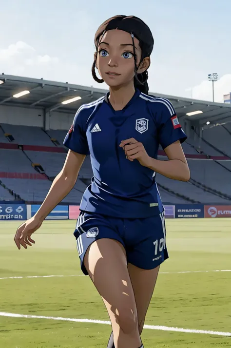 arafed female soccer player in blue uniform kicking a soccer ball