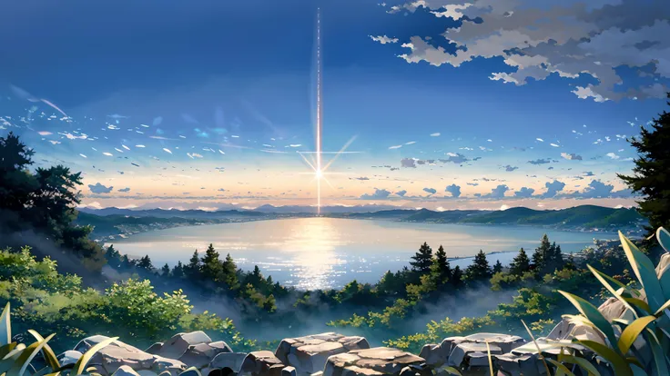 anime scenery of a lake and mountains with a sun setting