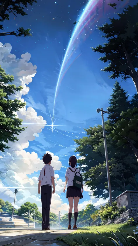 anime couple walking under a rainbow - colored sky