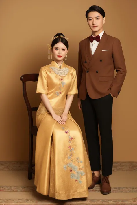 vintage-inspired portrait,Asian couple,traditional attire,formal pose,seated man,standing woman,brown suit,dress with lace collar,pearl necklace,hair updo with accessory,hand on shoulder,wooden chair,studio backdrop,soft lighting,sepia tone,old-fashioned a...