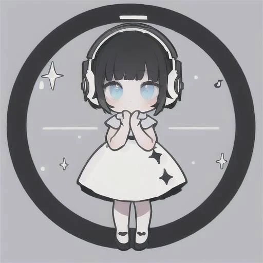 (best quality), (masterpiece:1.3), (ultra-detailed), amazing, 
the girl is apologizing and bowing, black hair, short hair, Bob hairstyle, Blunt bangs, white dress, white headphones, short stature, white high-heel, full body,
light blue background, 
colorfu...