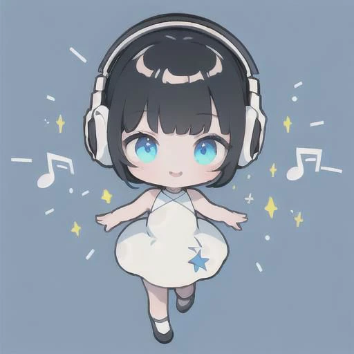 (best quality), (masterpiece:1.3), (ultra-detailed), amazing, 
cute girl, finely detailed face, laugh, black hair, short hair, Bob hairstyle, Blunt bangs, sky blue eyes, clavicle, white dress, white headphones, short stature, jumping, short pants, white hi...