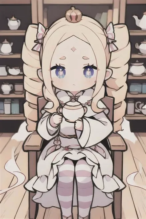 anime girl sitting in a chair with a cup of tea