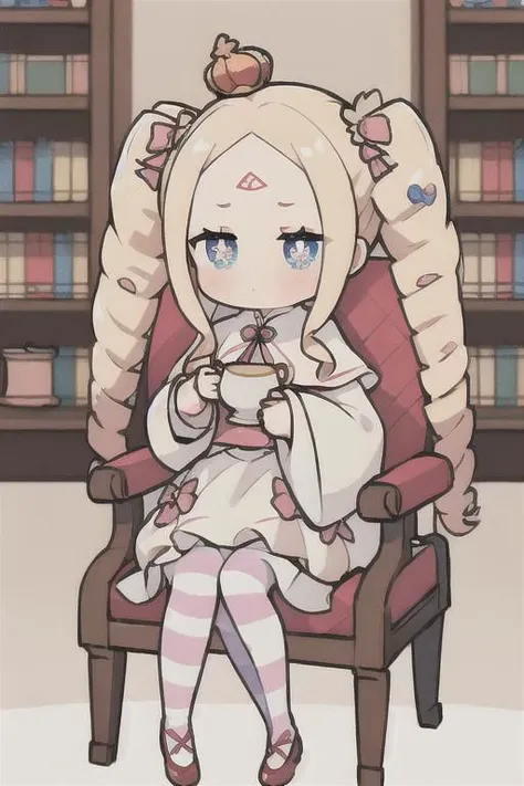 a cartoon girl sitting in a chair with a cup of coffee