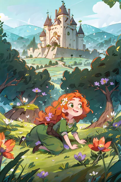 (MeridaWaifu), (green dress), 1girl, solo, smile, dynamic angle, masterpiece, best quality,  <lora:MeridaBrave_character:0.7> (detailed ladscape, castle, field, grass, mountains, flowers:1.2), colorful,